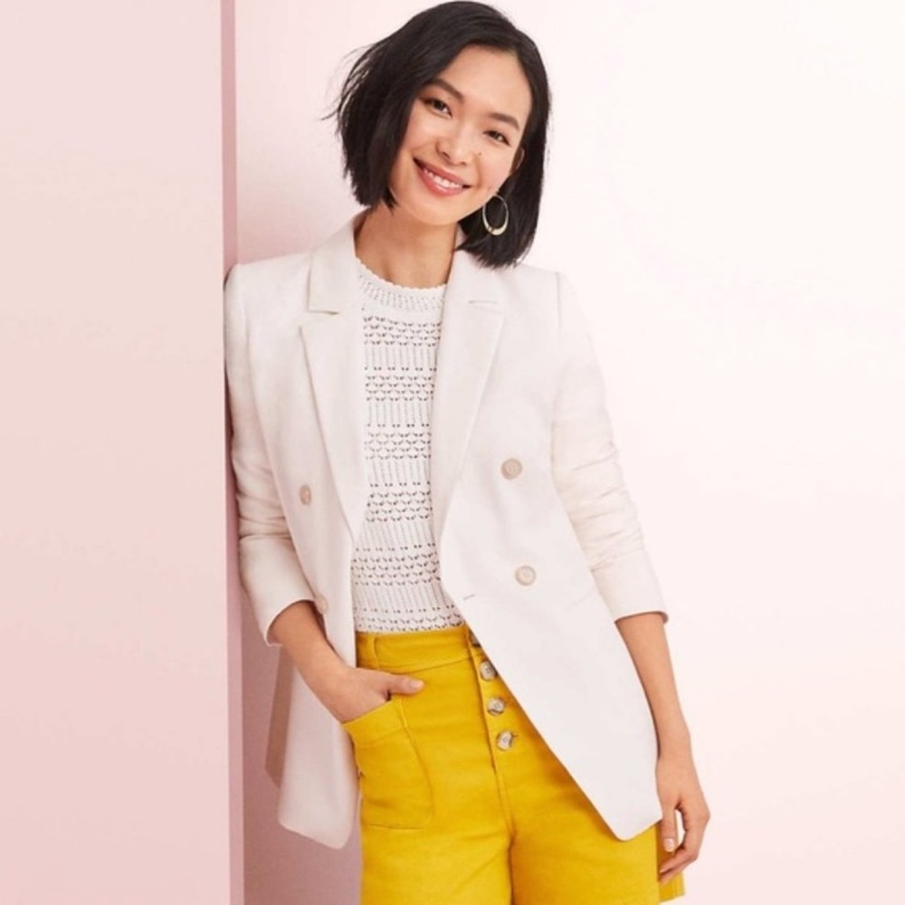 LOFT Ivory Longer Tailored Double-Breasted Blazer Linen Blend 8 Preppy Neutral